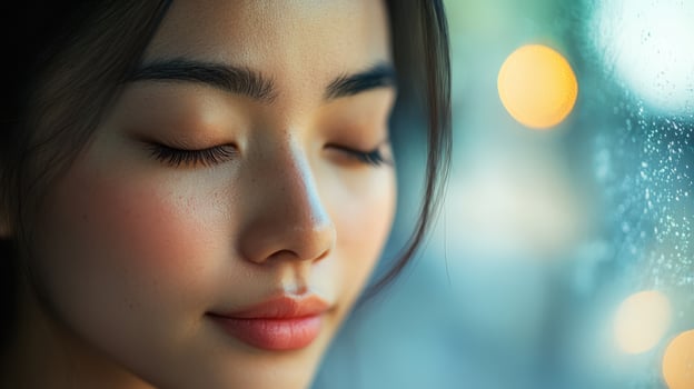 Close-up of a serene young person's face. photo