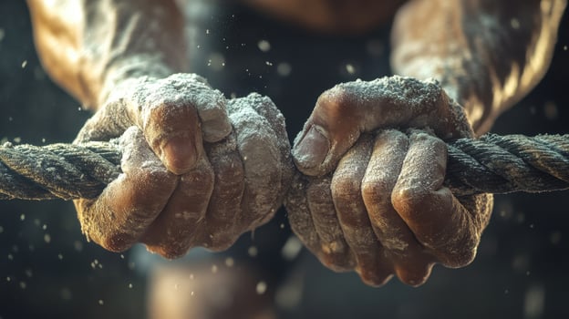 Close-up view of powerful hands gripping a thick rope. photo