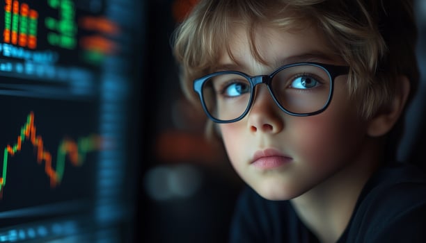 A young boy wearing glasses looking at a stock chart photo