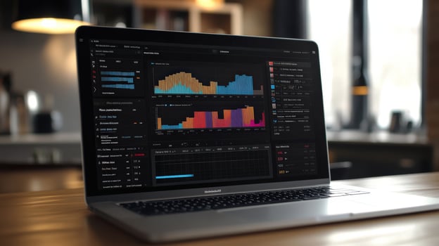 Modern laptop displaying complex data visualization photo