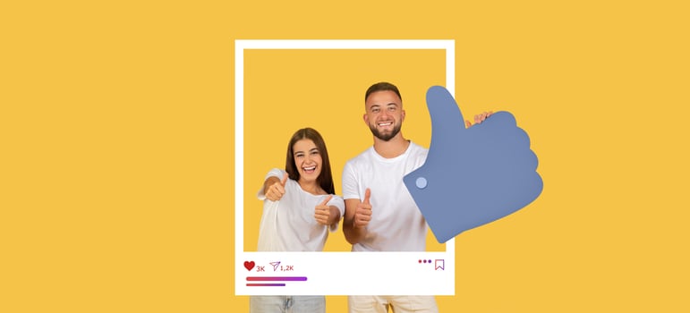 Two cheerful individuals pose with thumbs up in a bright, yellow background, celebrating positive engagement on social media platforms. Their expressions reflect excitement and connection. photo