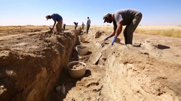 Archaeological excavation in a dry field under a clear sky. photo