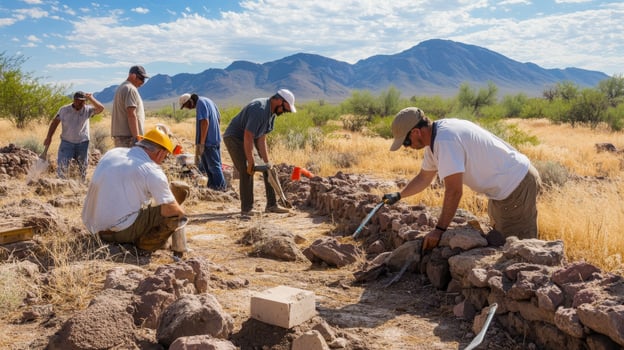 Archaeological excavation team meticulously working on ancient stone walls. photo