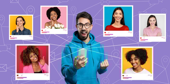 A young man in a blue hoodie expresses excitement while holding a smartphone. Surrounding him are images of smiling friends, each in vibrant colors, showcasing social connections. photo
