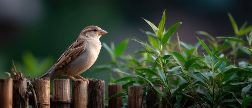 Bird resting on bamboo fence in morning light nature scene peaceful environment photo