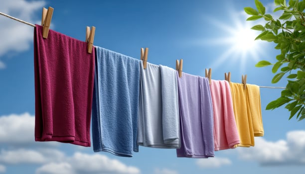 Freshly washed linens hanging on clothesline in sunlight backyard photography bright aesthetic photo