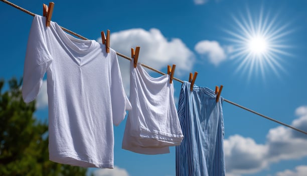 Freshly washed linens hanging on clothesline in sunlit garden outdoor photography photo