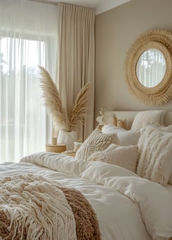 A cozy bedroom interior with warm neutral tones. photo