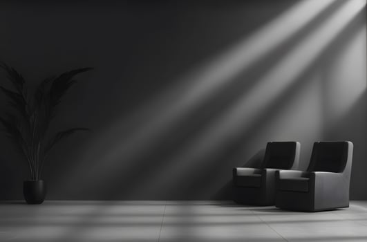Empty room with two dark chairs and a plant, bathed in dramatic light. photo