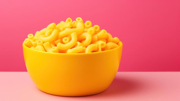 Yellow pasta in a yellow bowl against a pink background. photo