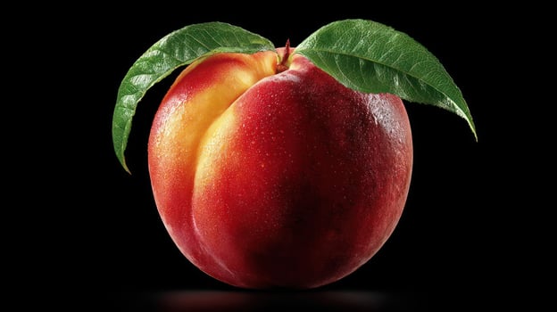 Ripe peach with leaves, isolated on black background. photo