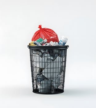 Full trash receptacle with red bag. photo