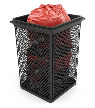 Black mesh trash receptacle with red plastic garbage bag inside. photo