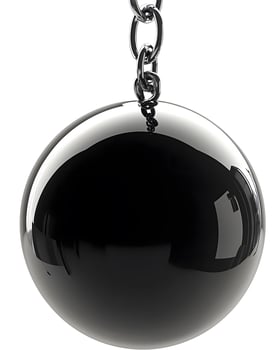 Glossy black sphere suspended by a chain. photo