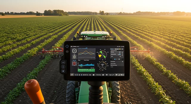 Agricultural Tractor Driving Across Farmland Displaying Technical Information During Sunset photo