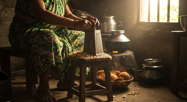 Woman Grating Food in a Rustic Kitchen with Natural Light Creating a Warm Atmosphere photo