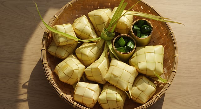 Traditional Woven Rice Cakes Arranged in a Basket on a Wooden Table Top photo