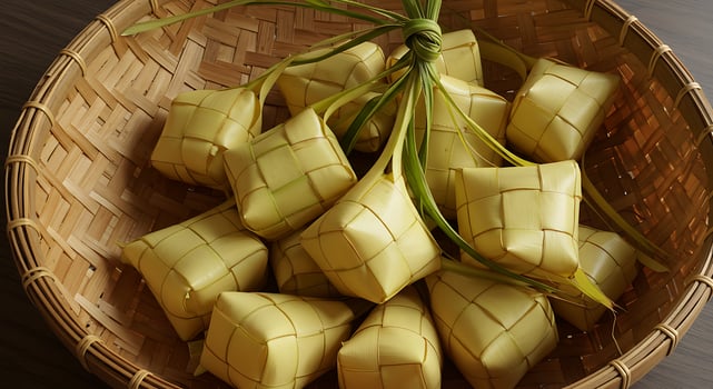 Ketupat Rice Cakes in Woven Basket Displaying Traditional Southeast Asian Food photo