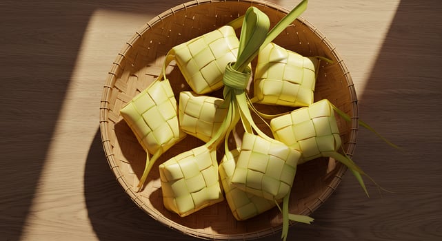 Woven Palm Leaf Food Items in Bamboo Basket on Wooden Surface with Sunlight photo