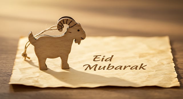 Wooden Goat Figure on Festive Card with Warm Lighting and Greeting photo