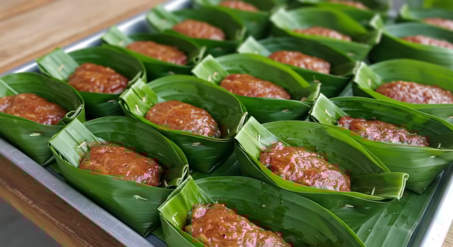 Delicious Food Served in Natural Green Leaf Containers on a Tray for Enjoyment photo