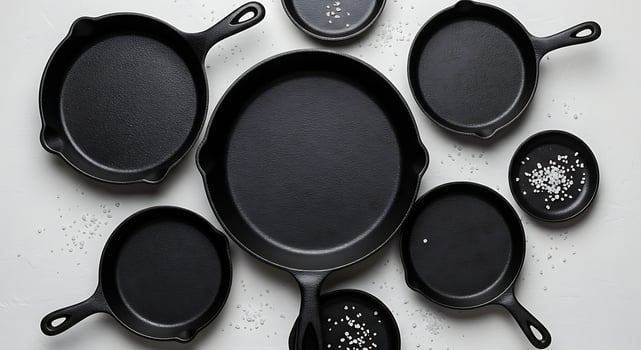 Arrangement of Cooking Pans and Small Plates with White Salt photo