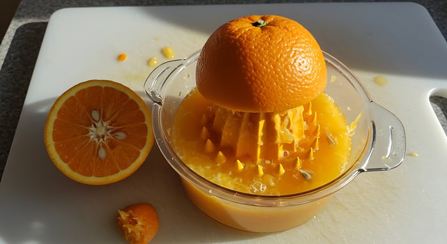 Making Fresh Orange Juice with Juicer on Cutting Board photo