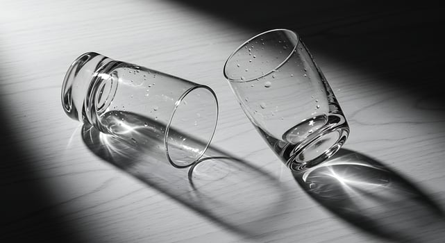Two Empty Glasses Lying on Table with Water Droplets and Dramatic Shadows photo