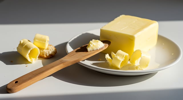 Preparing Butter with Wooden Spreader on White Plate photo