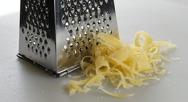 Grating Ingredient with Steel Grater on White Surface photo