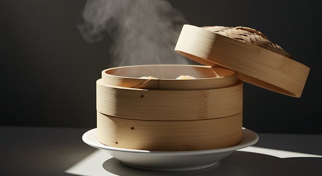 Steaming Food in Bamboo Steamer with Lid Open, Ready to Eat photo