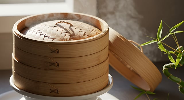 Steaming Food in Bamboo Steamer with Bamboo Plant photo