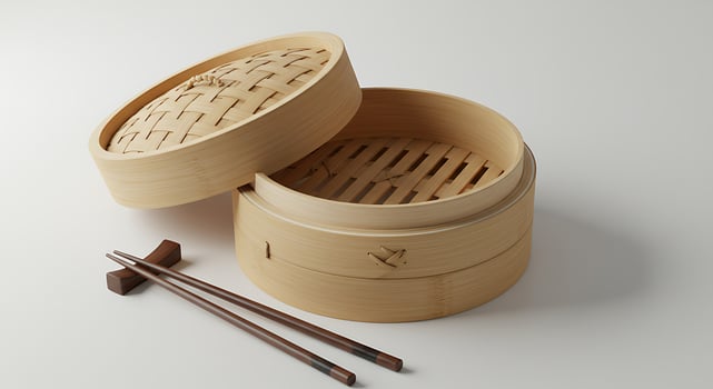 Dim Sum Steamer with Chopsticks on White Background photo