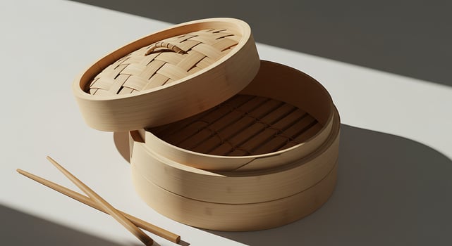 Bamboo Steamer with Chopsticks for Preparing Food photo