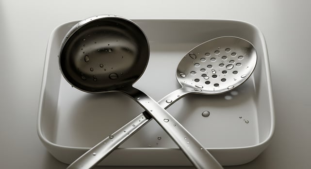 Serving Ladle and Slotted Spoon on a White Tray with Water Droplets photo
