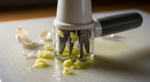 Chopping Garlic with a Manual Food Chopper on Cutting Board photo