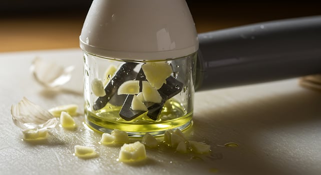 Chopping Garlic in a Clear Chopper with Olive Oil on White Cutting Board photo