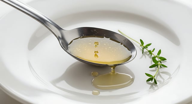 Pouring Broth From Spoon with Thyme Sprig on White Plate photo