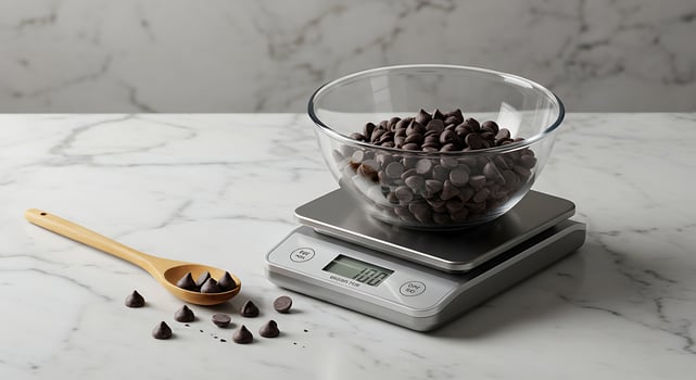 Measuring Chocolate Chips with Digital Kitchen Scale for Baking photo