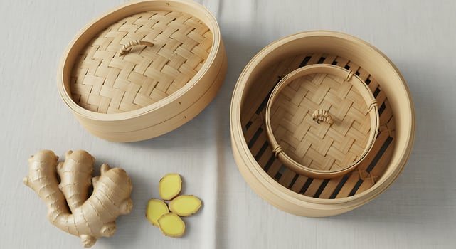 Ginger Root with Slices and Bamboo Steamer on White Fabric Still photo