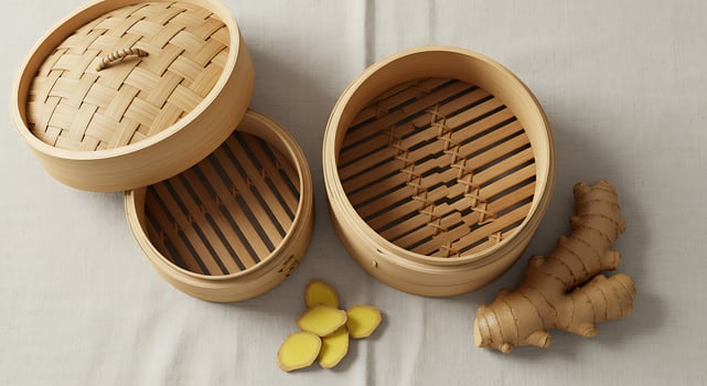 Preparing Food with Bamboo Steamer and Fresh Ginger Root photo
