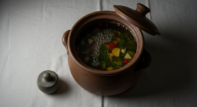 Soup in Ceramic Pot with Herbs and Vegetables on Tablecloth photo