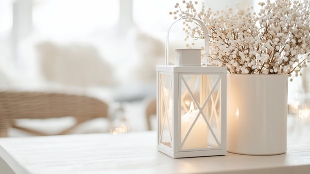 Glowing candles in glass and metal holders casting soft tree, near decorated christmas light highlighting festive white table setting photo