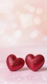 Two glittery red hearts sit closely on together a soft pink surface. The background features a subtle sparkle, enhancing the romantic theme photo
