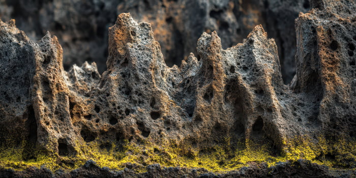 Closeup of porous volcanic rock formations with moss photo