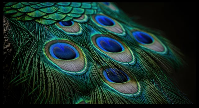 Spectacular close up of a peacock's stunning and colorful iridescent feathers. photo