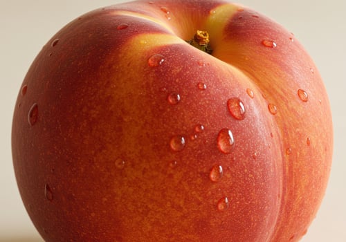 A stunning macro shot showcases a fresh nectarine, adorned with glistening water droplets. photo
