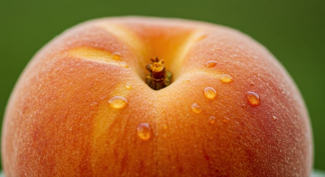 A detailed macro shot showcases a ripe peach covered in water droplets, ready to eat. photo