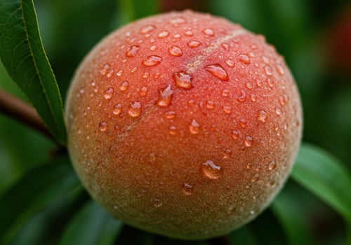A single ripe peach, covered in glistening water droplets, ready for harvest. photo
