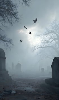 Eerie serenity lingers over the misty graveyard as ravens take flight against a somber sky landscape illustration photo